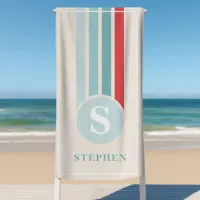 Retro Stripes Red And Blue Monogram Name Beach Towel