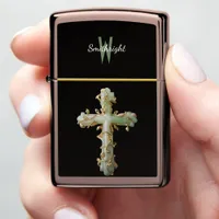 Sacred Cross Rests Atop Wooden Table Zippo Lighter