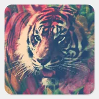 Tiger Floral Digital Art Square Sticker