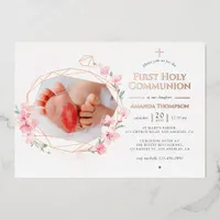 Blush & Rose Gold Geometric Floral Holy Communion  Foil Invitation