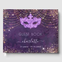 Masquerade purple gold glitter birthday guest book