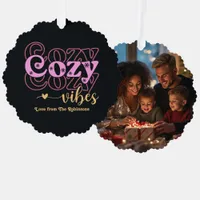 Rose Luxe Cozy Vibes Retro Christmas Photo Ornament Card