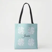 Personalized Teal and White Floral Tote Bag