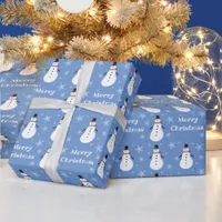 Blue Cute Snowman Snowflake Merry Christmas Wrapping Paper