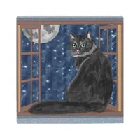 Black Cat Looking out Window at Stars and Moon Metal Print