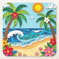Palm Trees on the Beach  Square Paper Coaster
