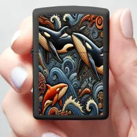 Whales Swimming Through Vibrant Ocean Waves Zippo Lighter