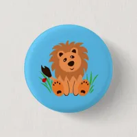 Cute lion in the grass with ladybug   button