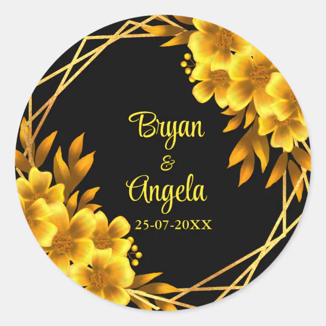 Autumn romance gold & black floral geometric classic round sticker