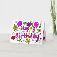 Happy Birthday with Whimsical Flowers and Balloons Card