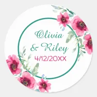 Elegant Spring Pink Floral Wedding Date Classic Round Sticker