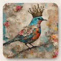 Bird in a Crown Mixed Media Collage Beverage Coaster