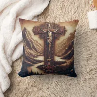 Jesus On The Cross In Mountain Landscape Throw Pillow