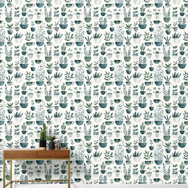 Botanical Pattern Flower Pots on White Plant Lover Wallpaper