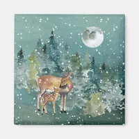 Doe and Fawn Deer in Forest Full Moon Snowfall Magnet