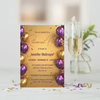 Elegant Glam Purple Gold Balloons Retirement Party Invitation
