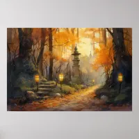 Watercolor winding path through fall woods at dusk poster