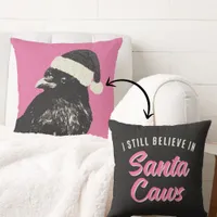 Pink and Black Gothic Crow Believe in Santa Caws  Throw Pillow