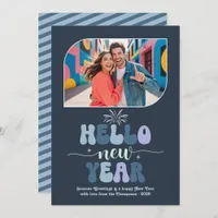 Storm Glow Hello New Year Blue Retro Photo Holiday Card