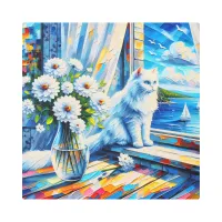 White Cat in Window sill Looking out at the Ocean Metal Print