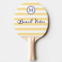 Striped Yellow White Beach Vibes Coastal Monogram Ping Pong Paddle