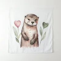 Adorable Otter With Heart Plants Tapestry