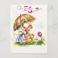 Retro An Easter Greeting Watering Tulip Garden  Postcard