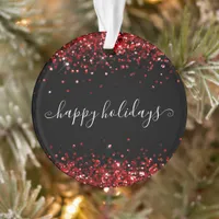 Red Glitter Sparkle Shine Happy Holidays Black Ornament