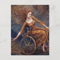 Woman in a wheelchair dancing joyful postcard