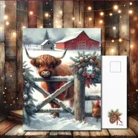 Cute Highland Cow on the Farm Christmas Holiday Postcard