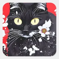 Black Cat With White Flowers Red Background Square Sticker