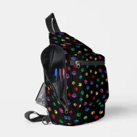 Cute Colorful Paw Prints Pattern Black Sling Bag