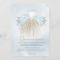 Dusty Blue gold glitter Floral Dress Quinceañera Invitation