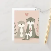 Adorable Otter Boho Mom Dad and Baby Pink Postcard