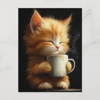Sweet Ginger Kitten With a Coffee Postcard