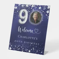 90th Birthday blue silver stars photo welcome Pedestal Sign