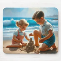 Cute Nostalgic Children at the Beach 50's Era Mouse Pad