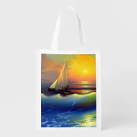 Ocean Waves, Sailboat and Sunset Reflection Grocery Bag