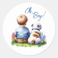 Oh, Boy! Baby and Bulldog Baby Shower Classic Round Sticker