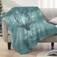 Deer Antlers Silhouette & Snowflakes Teal ID861 Fleece Blanket