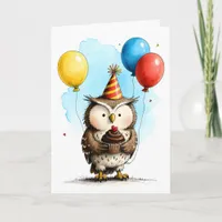 Cute Owl with Cupcake Kid's Happy Birthday Card