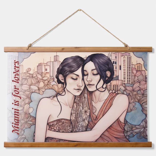 Miami Downtown Women Cuddling Lesbians Drawing Hanging Tapestry