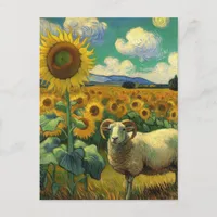 A Sheep with horns in the Sunflower Field Van Gogh Postcard