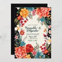 Bold Vibrant Floral Fiesta Wedding Photo & QR Code Invitation