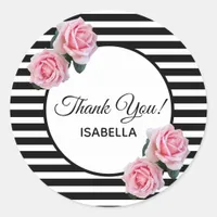 Pink roses on black white stripes Thank You Classic Round Sticker