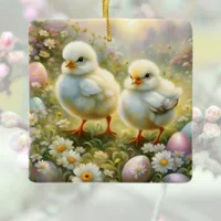 Cute chicks in a meadow with Easter eggs, vintage  Ceramic Ornament