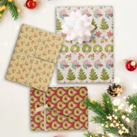 Kitschy Christmas Ornaments Wreath Holly Vintage  Wrapping Paper Sheets