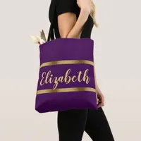 Purple gold name script bold tote bag