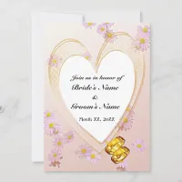 Pink Flowers, Heart Frame, Rings Rehearsal Dinner Invitation