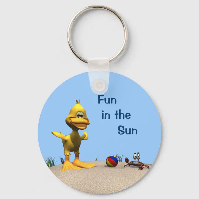 Cute Cartoon Duck and Crab on Beach Keychain